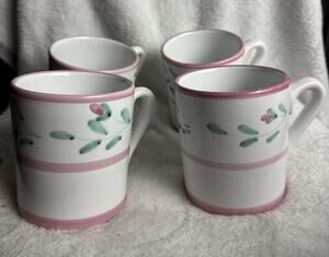 Caleca Pink Garland Set Of 4 Mugs Coffee Cups Hand Painted In Italy Pink Trim 4’